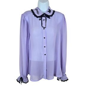 Sanrio Kuromi Sheer Lavender Button-Up Blouse Black Lace Collar Womens L Purple